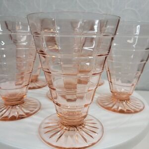 Vtg Anchor Hocking Pink Depression Glass Footed Tumbler Block Optic Set of 6